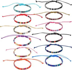 12Pcs Woven Bracelet, Handmade Surfer Bracelets Adjustable Braided String Friendship Bracelet Boho Bracelets Anklets for Men Women (Multicolor)
