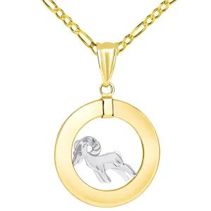 14k Two Tone Gold Open Circle Aries Zodiac Sign Pendant Figaro Necklace