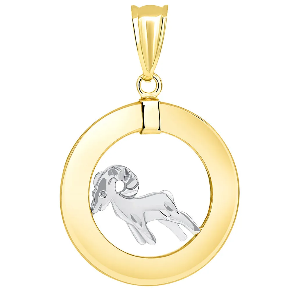 14k Two Tone Gold Open Circle Aries Zodiac Sign Pendant Figaro Necklace