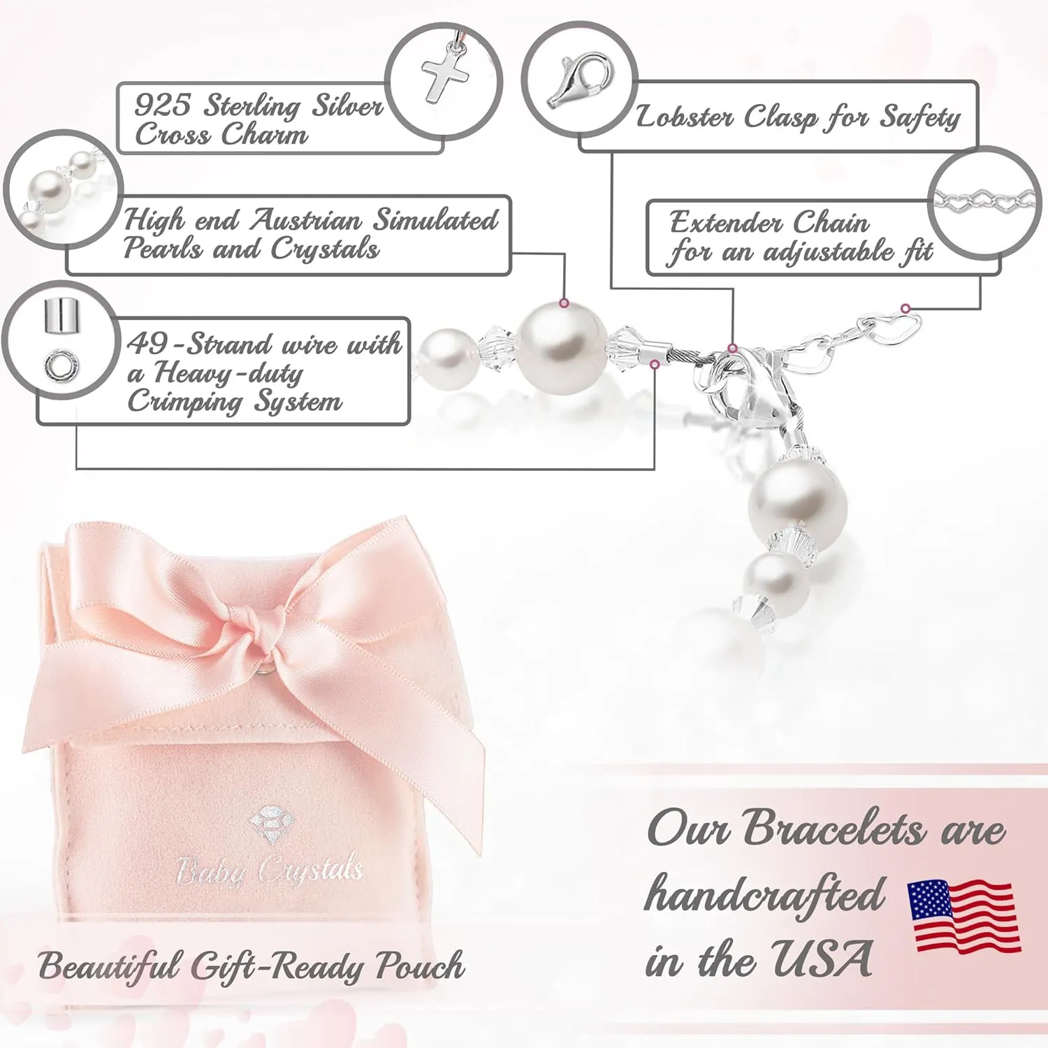 Baptism Pearl Bracelet for Girls, Sterling Silver Cross Charm Baptism Gifts for Girl with white European simulated Pearls, elegant Girls Jewelry