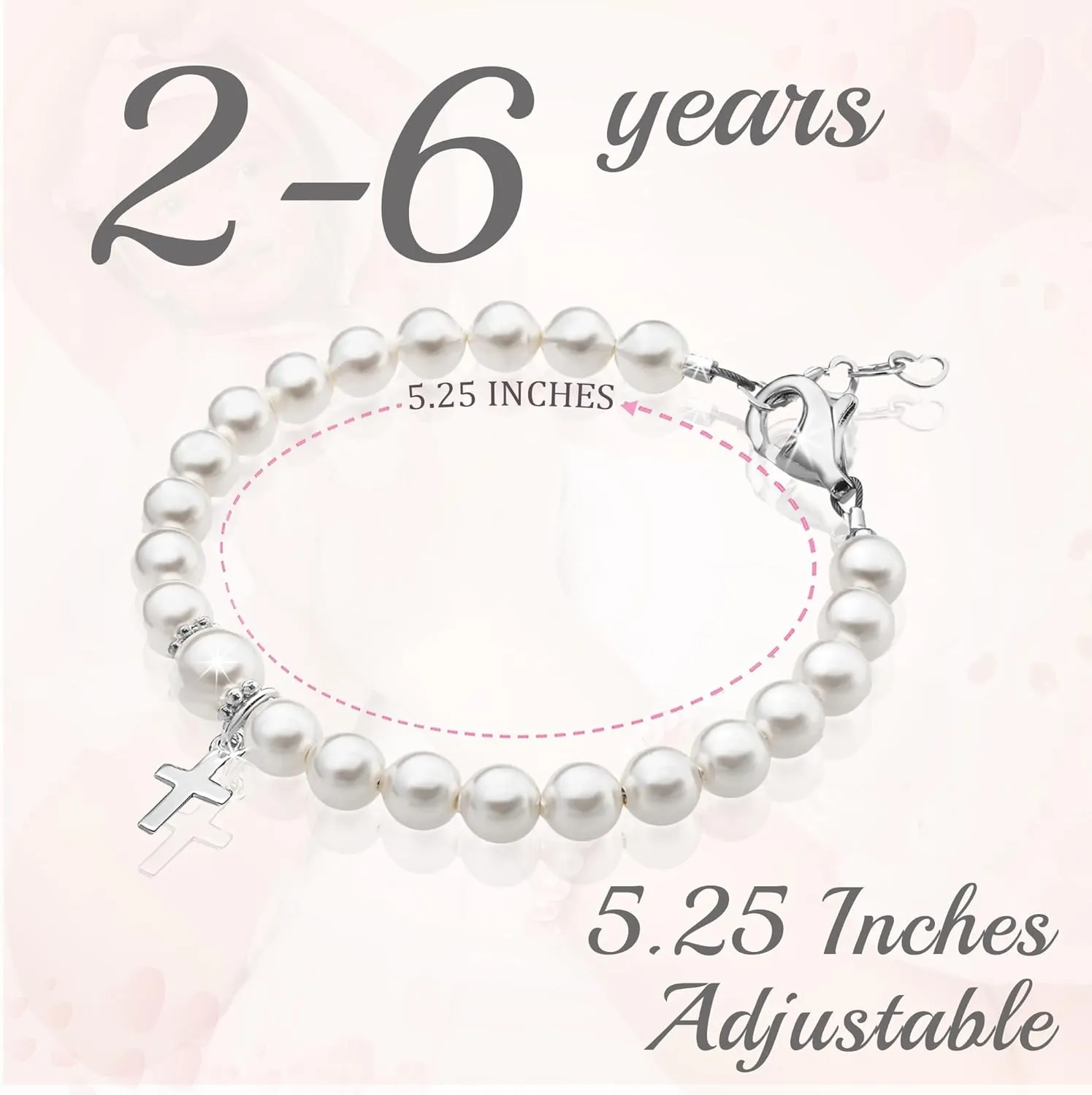 Baptism Pearl Bracelet for Girls, Sterling Silver Cross Charm Baptism Gifts for Girl with white European simulated Pearls, elegant Girls Jewelry