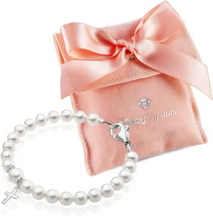Baptism Pearl Bracelet for Girls, Sterling Silver Cross Charm Baptism Gifts for Girl with white European simulated Pearls, elegant Girls Jewelry