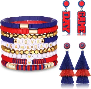 boderier 9PCS Game Day Bracelets Stackable Heishi Beaded Stretchy Bracelets LOVE GAME DAY Football Team Jewelry Sports Fan Bracelets Earrings Accessories Gifts