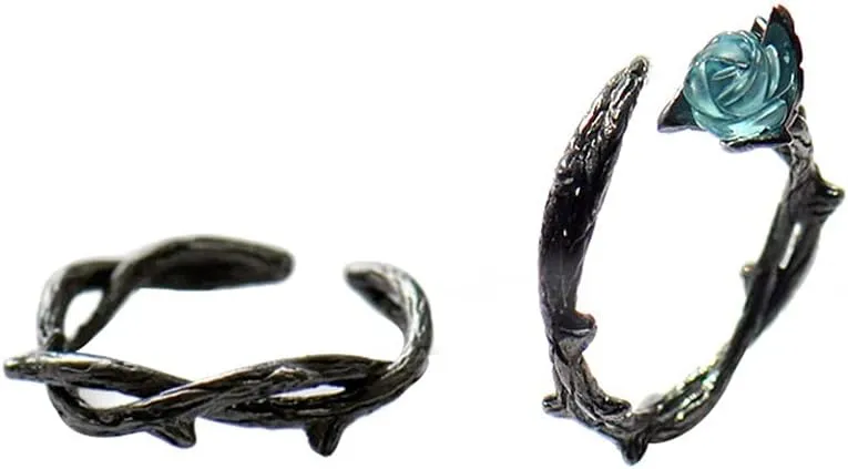 Couples Promise Rings Set Adjustable Matching Promise Rings for Couples Best Friends Thorn and Blue Rose Flower Matching Rings for Boyfriend Girlfriend