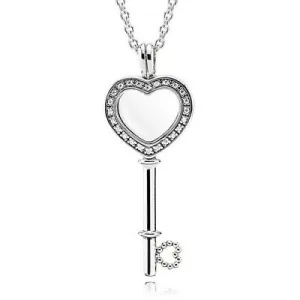 Floating locket heart key silver pendant with clear cubic zirconia and necklace