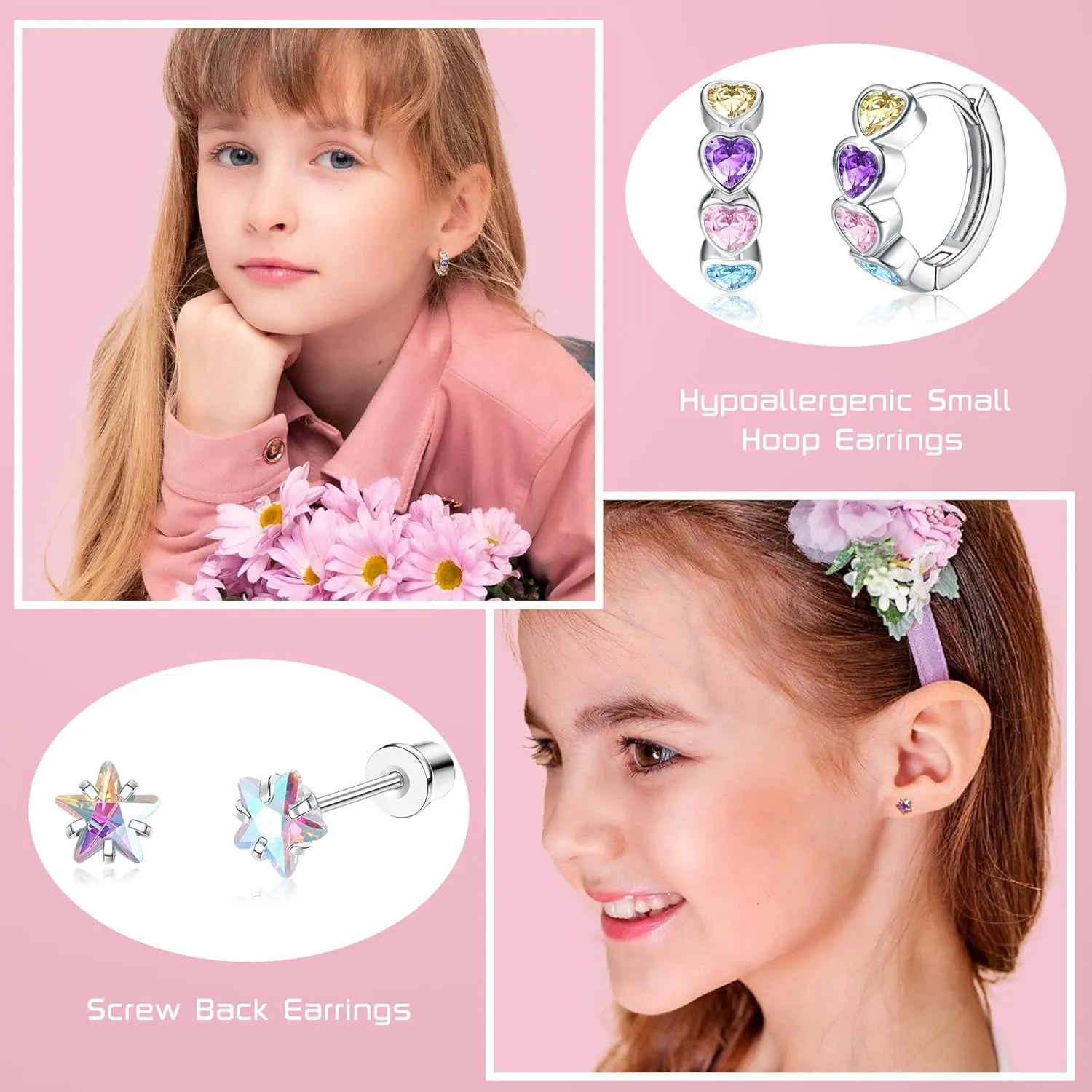 Florideco Hypoallergenic Earrings for Girls Surgical Steel Screw Back Stud Earrings for Toddlers Small Hoops Huggie Earrings for Teens Cute Little Girls Earrings for Kids(over 4 years old)