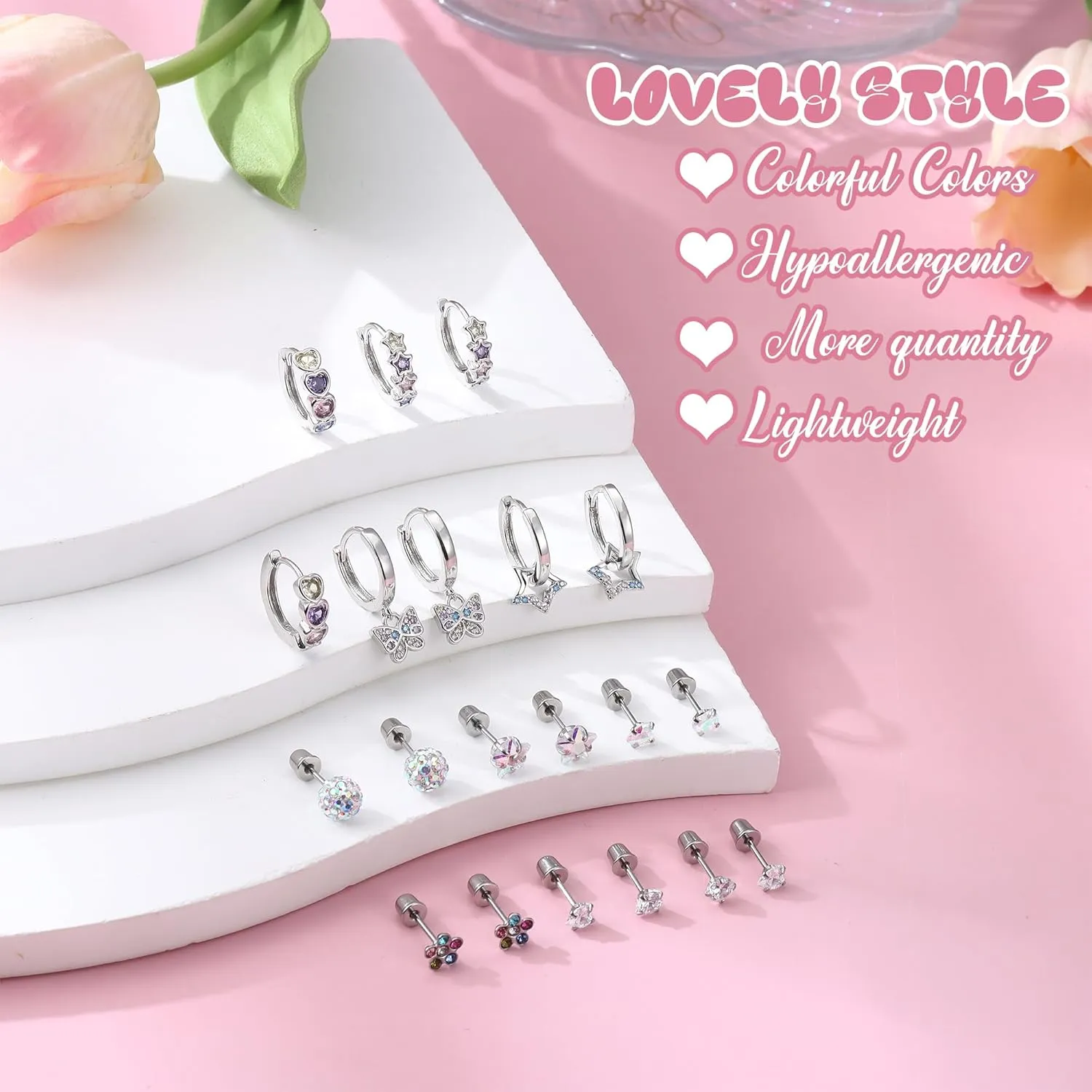 Florideco Hypoallergenic Earrings for Girls Surgical Steel Screw Back Stud Earrings for Toddlers Small Hoops Huggie Earrings for Teens Cute Little Girls Earrings for Kids(over 4 years old)