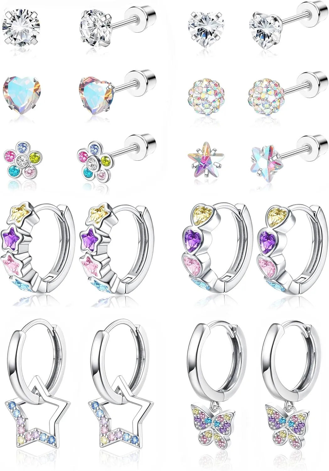 Florideco Hypoallergenic Earrings for Girls Surgical Steel Screw Back Stud Earrings for Toddlers Small Hoops Huggie Earrings for Teens Cute Little Girls Earrings for Kids(over 4 years old)