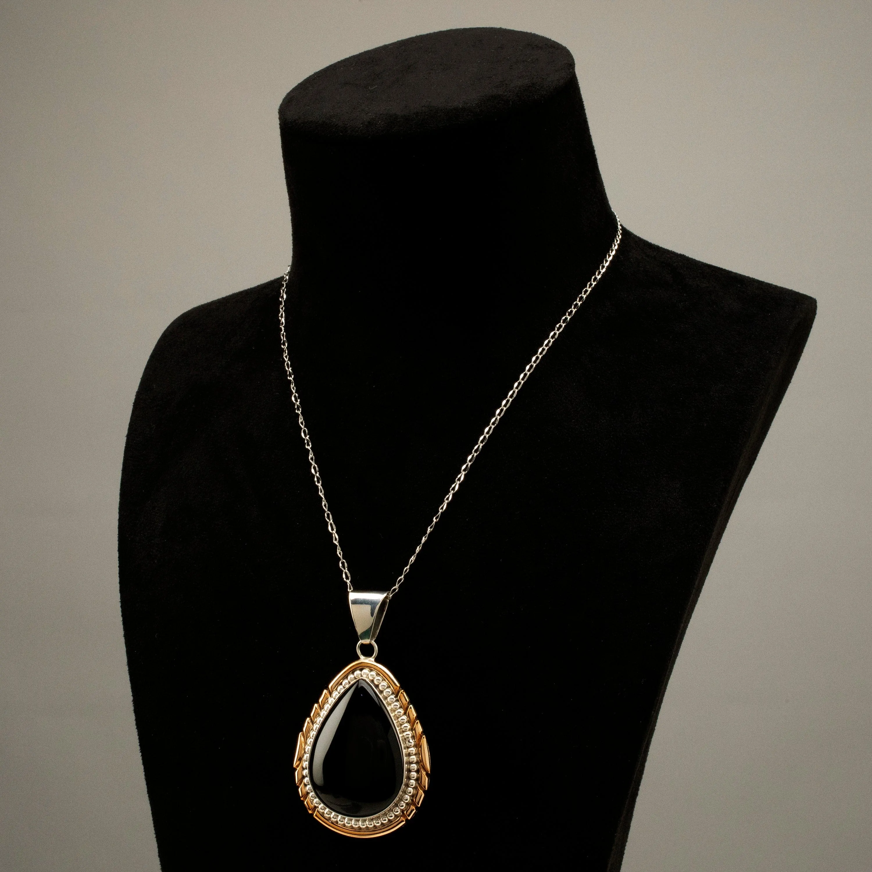 G. Long Navajo Black Onyx Teardrop Navajo USA Native American Made 925 Sterling Silver & 12K Gold Filled Pendant