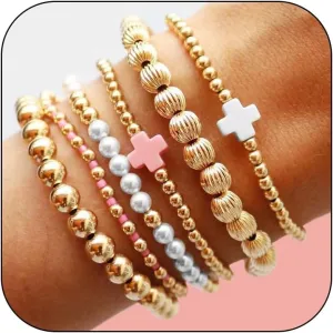 Gold Beaded Bracelet Stack Cross Pearl Bow Stackable Bracelets for Women Chunky Bead Stretch Bracelets Summer Beach Jewelry Outfits