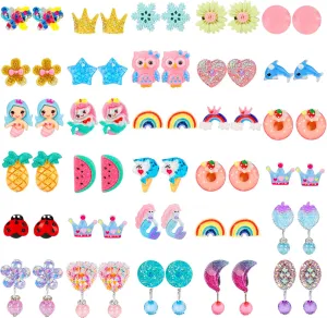 Hicdaw Kids Clip On Earrings for Girls, 25/30 Pairs Party Favor Hypoallergenic Jewelry Earrings for Kids Ages 4-12, Cute Animal Clip On Earrings for Little Girls with No Ear Holes Set Mixcolor