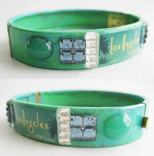 Los Angeles California Souvenir Palm Tree & Rhinestone Bangle Bracelet