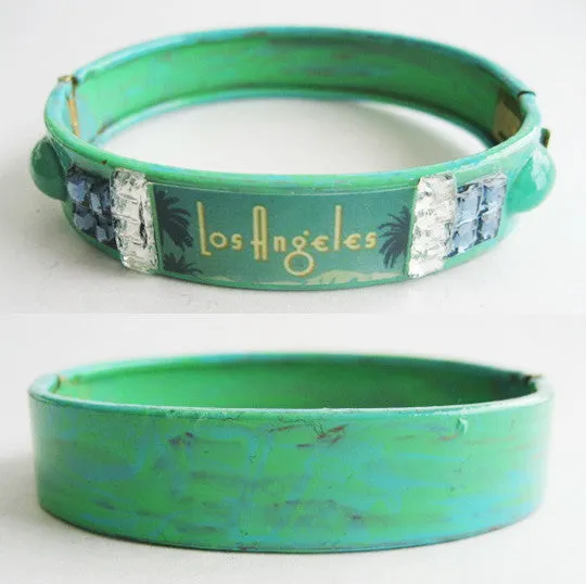 Los Angeles California Souvenir Palm Tree & Rhinestone Bangle Bracelet