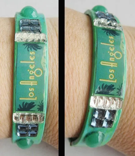 Los Angeles California Souvenir Palm Tree & Rhinestone Bangle Bracelet