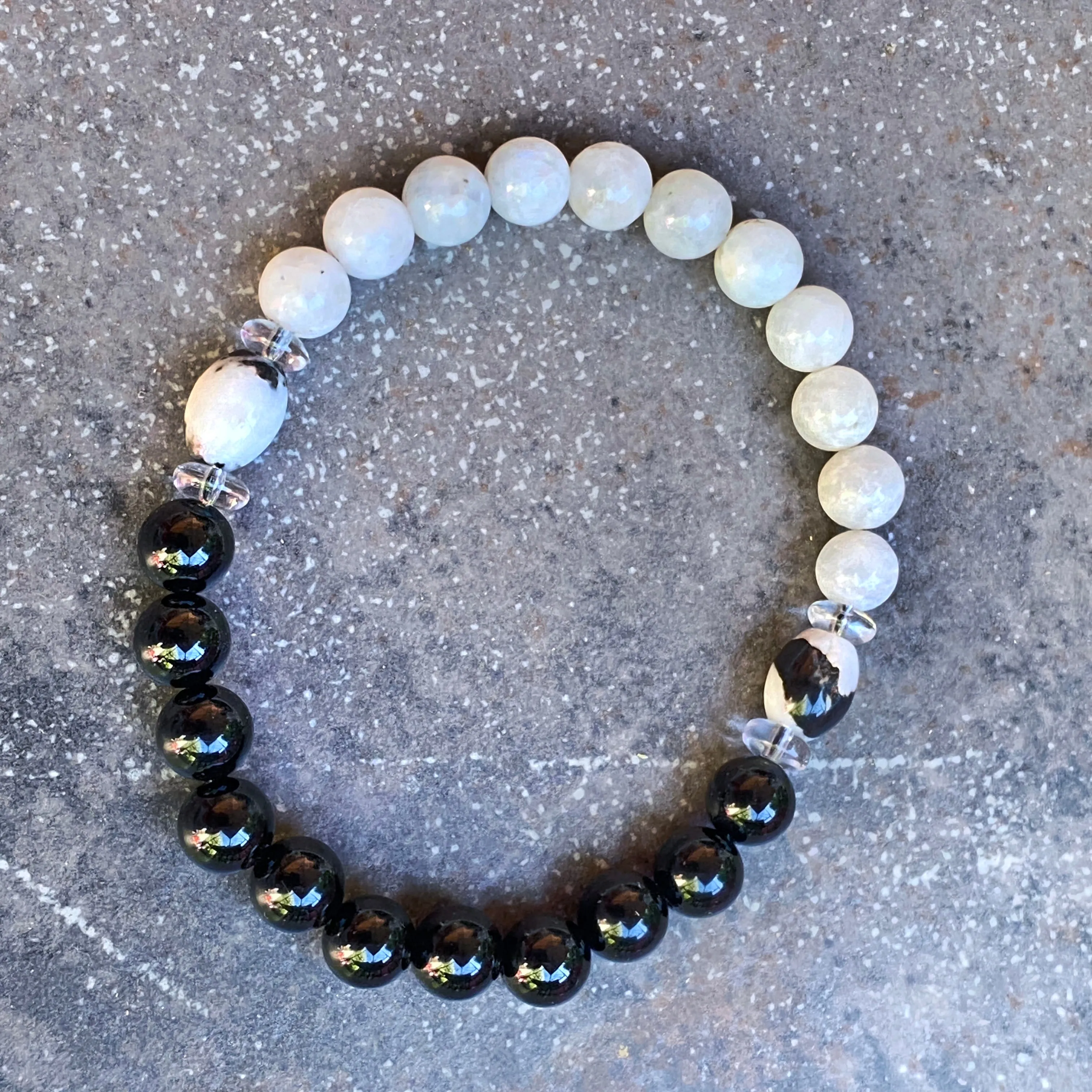 Men’s Moonstone, Onyx, and Zebra Jasper Balance stretch bracelet