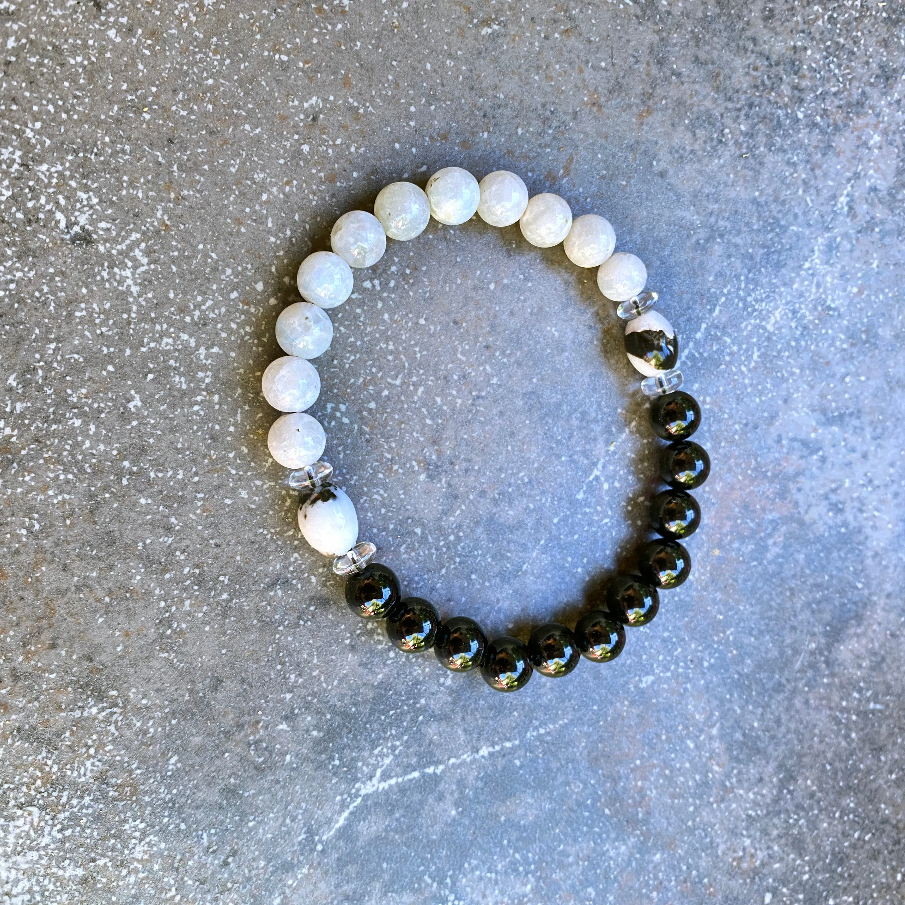 Men’s Moonstone, Onyx, and Zebra Jasper Balance stretch bracelet