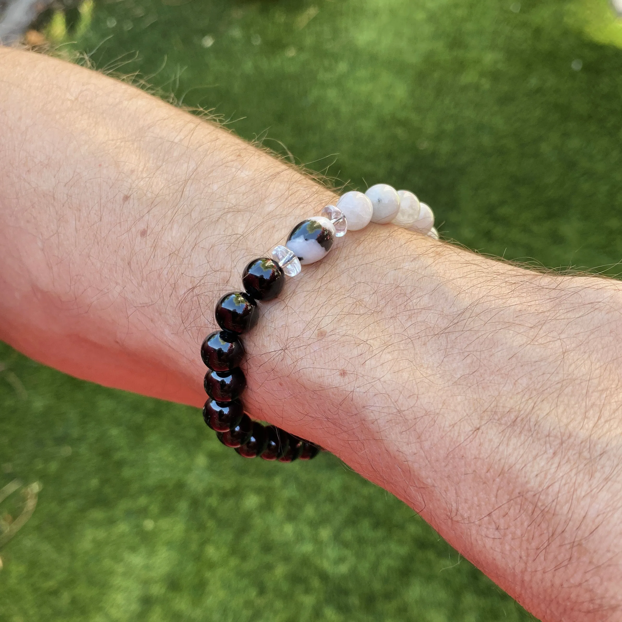 Men’s Moonstone, Onyx, and Zebra Jasper Balance stretch bracelet