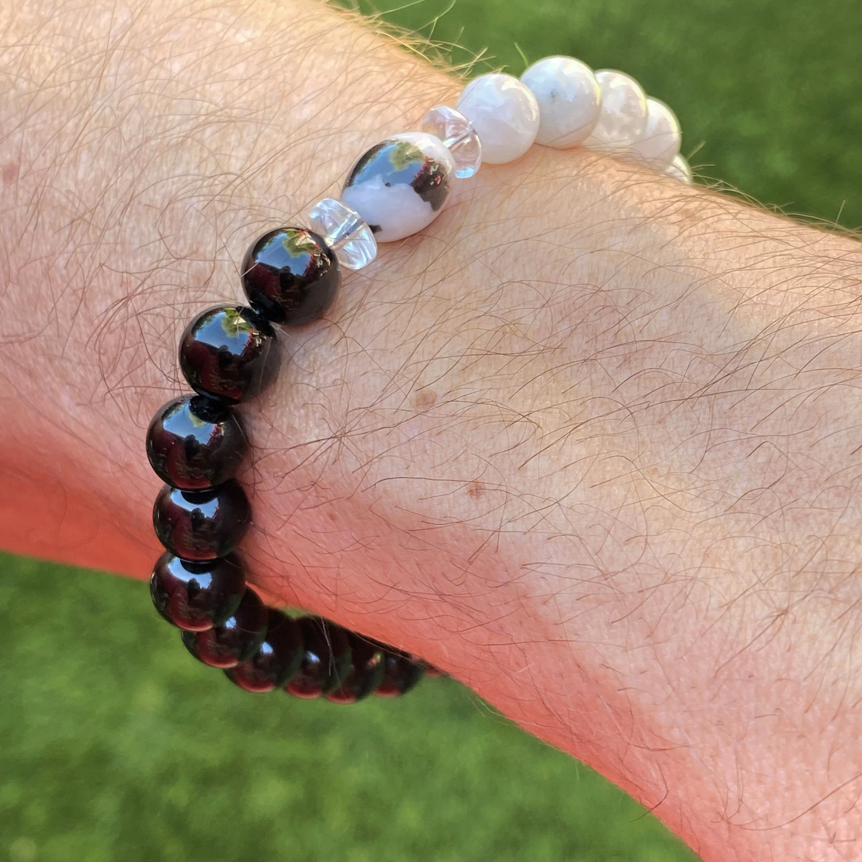 Men’s Moonstone, Onyx, and Zebra Jasper Balance stretch bracelet