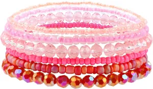 Miss Rabbit Bohemian Beaded Bracelets for Women Stackable Boho Stretch Seed Beads Faceted Glass Beads Bracelet Set Multilayered Strand Bracelets Handmade Summer Jewelry Gifts for Women, Pink