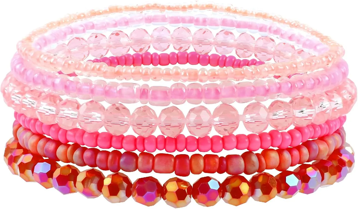 Miss Rabbit Bohemian Beaded Bracelets for Women Stackable Boho Stretch Seed Beads Faceted Glass Beads Bracelet Set Multilayered Strand Bracelets Handmade Summer Jewelry Gifts for Women, Pink