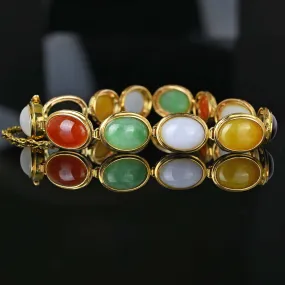 Vintage 14K Gold Oval Cabochon Jade Bracelet, Multi Color